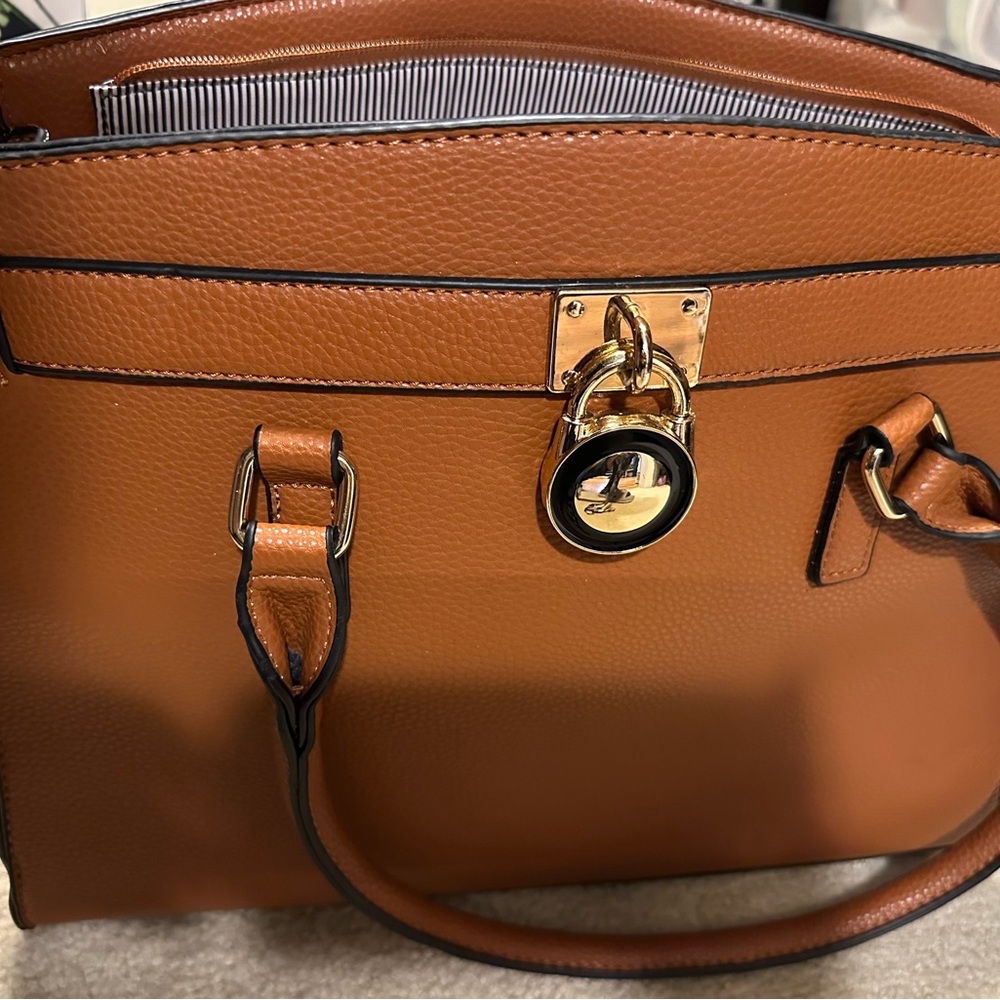 Tan Satchel with Gold Accents and Double Handles